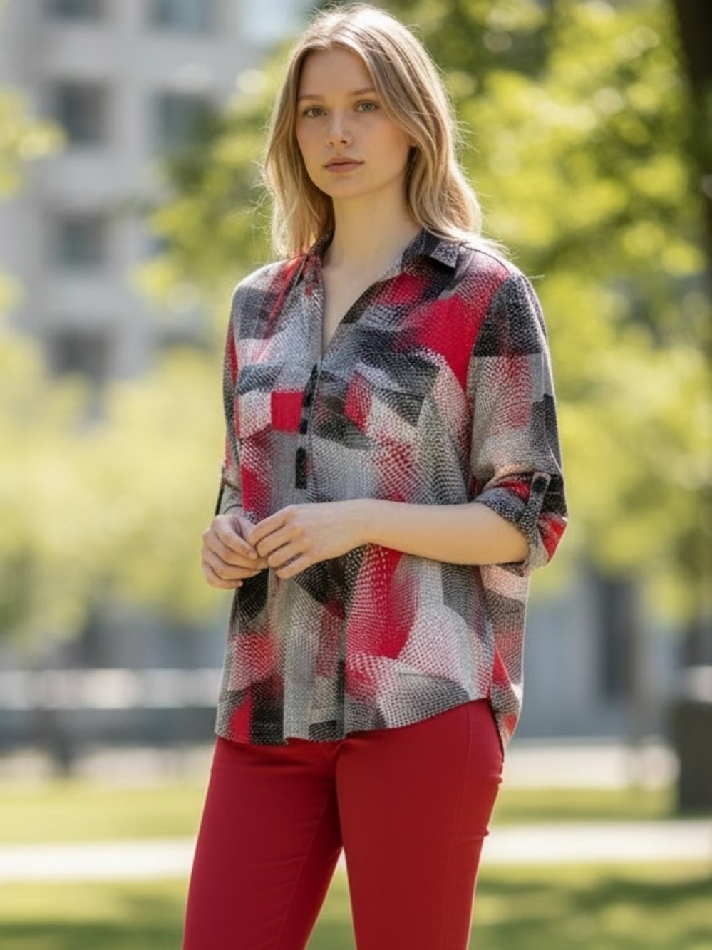 Cocomo Pink, Black & Gray Abstract Button-Front Top